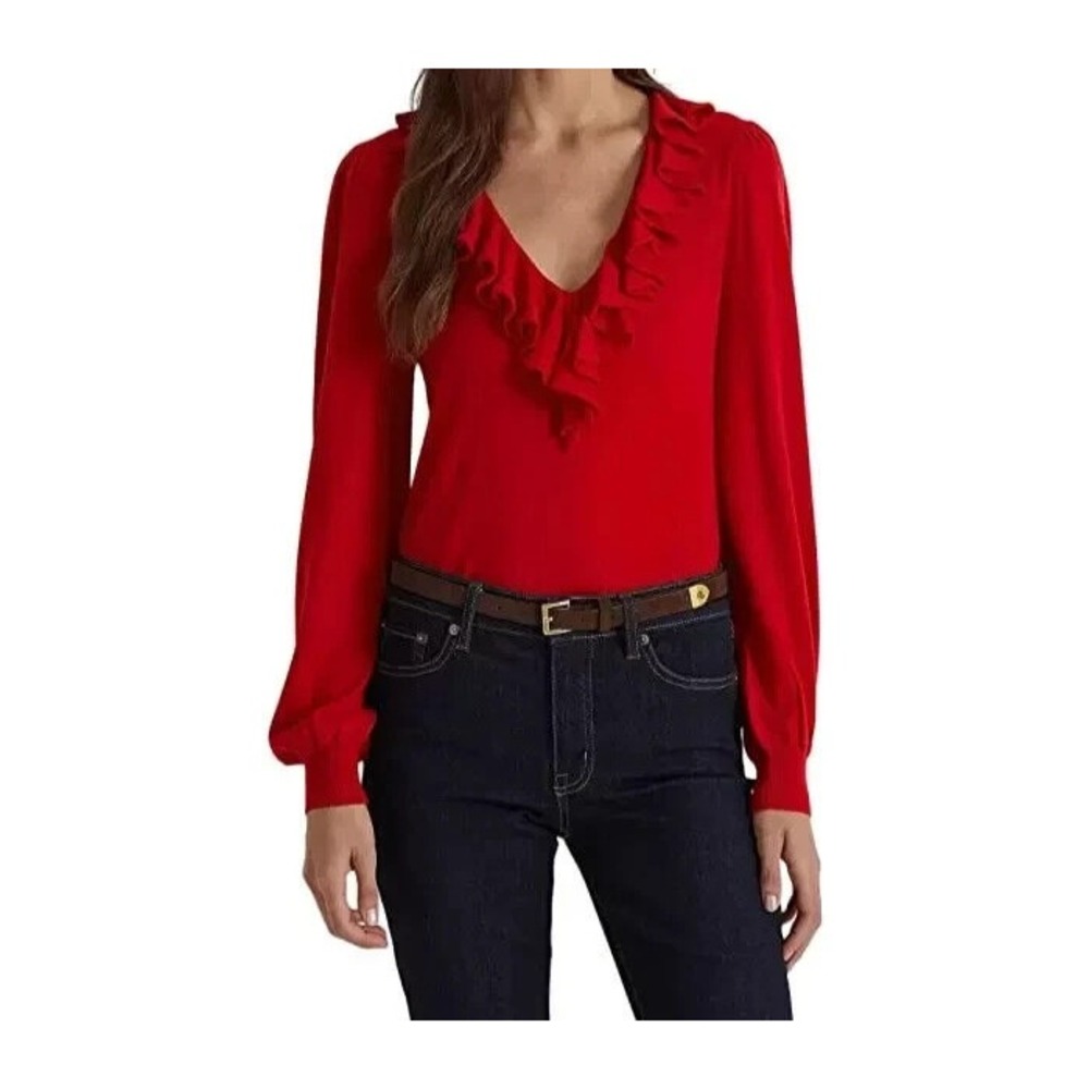 New Ralph Lauren Women's Ruffle-Trim Jersey Sweater SZ LARGE CLASSIC RED
